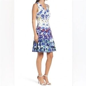 Maggy London Blue and Purple Floral Fit and Flare Midi Dress, Size 10